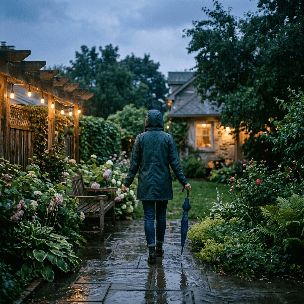 Woman in raincoat walking happily with closed umbrella in garden