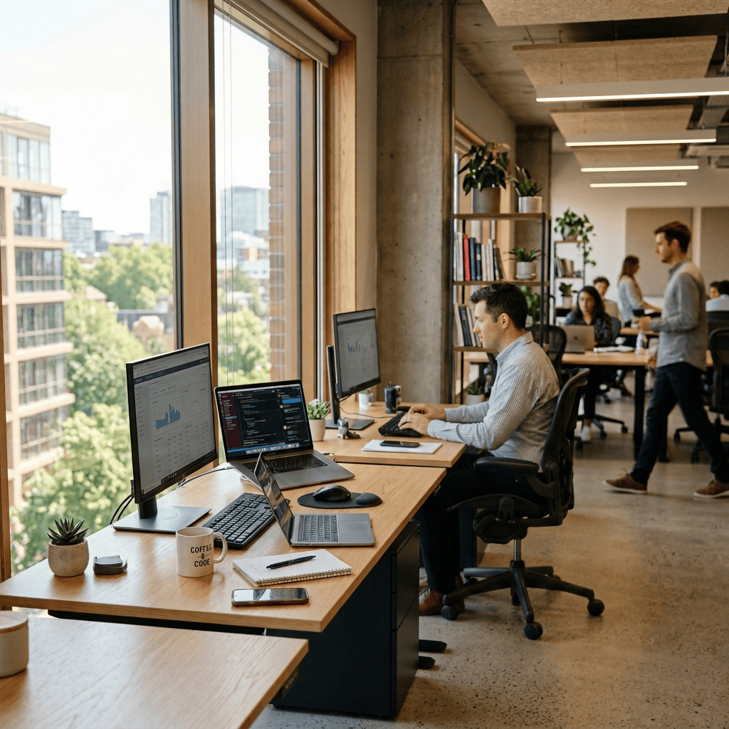 People working at desks with computers in a bright modern office space